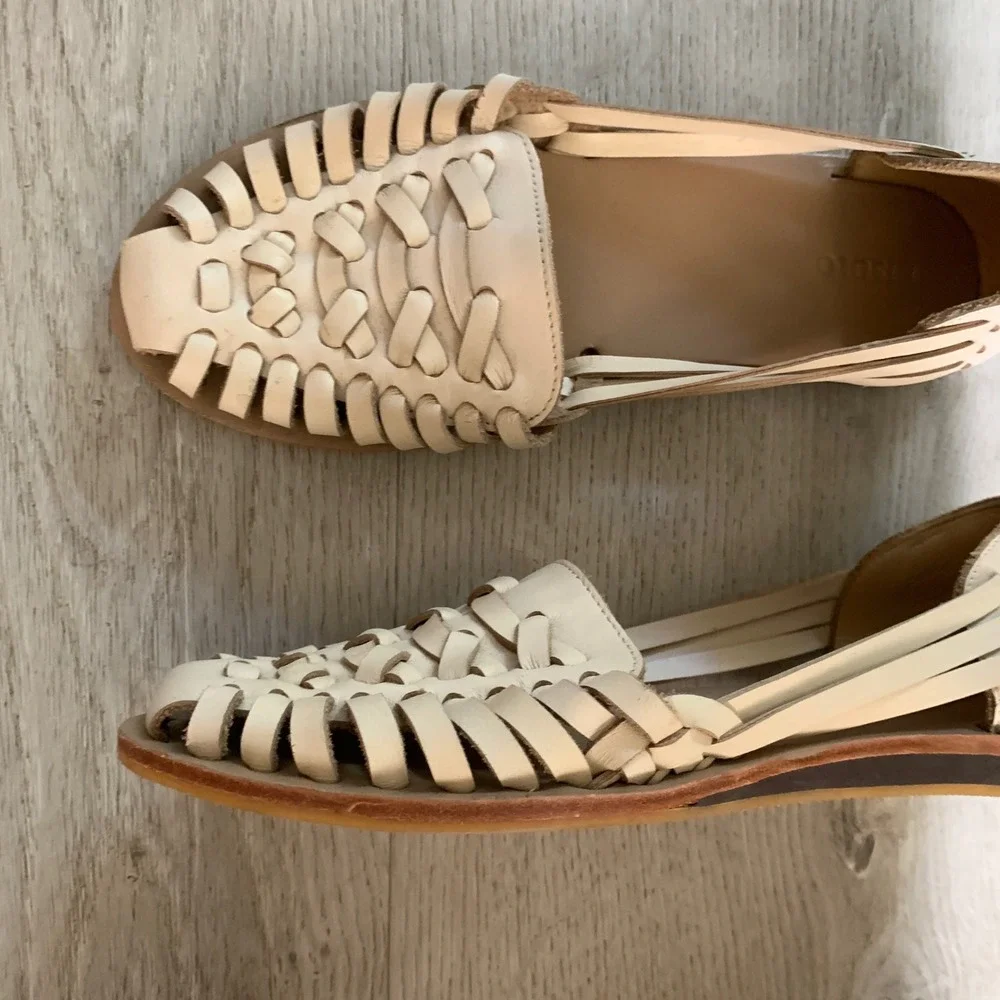 Nisolo Huarache Leather Sandals Bone Off-White Flat Woven Shoes Womens 6.5